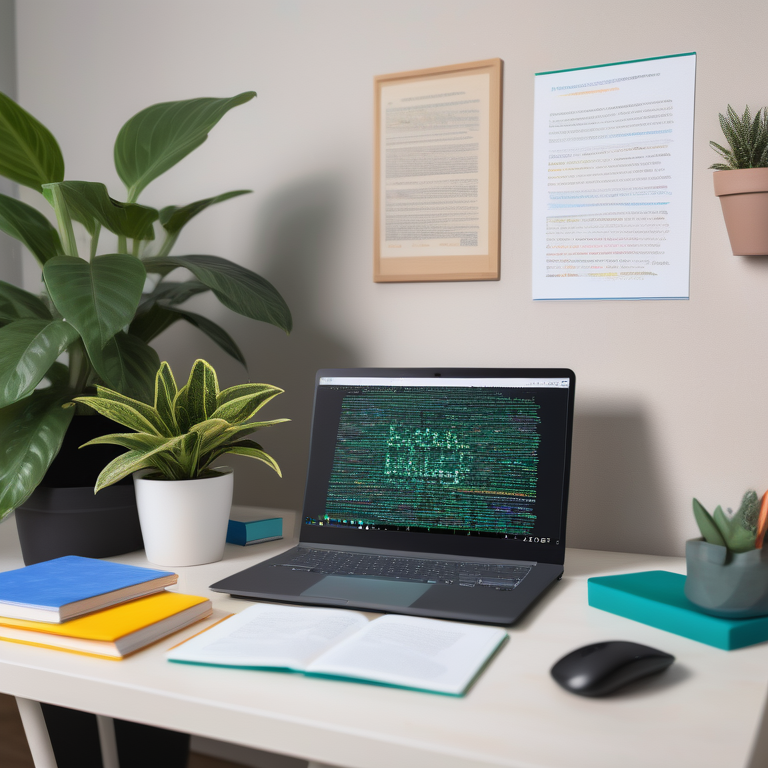 Workspace with laptop, Google AI-themed art, books on scripting, and a plant, conveying a sense of innovation.