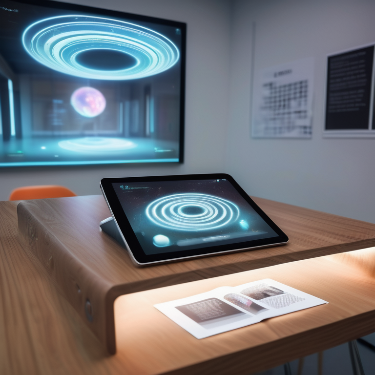 A holographic book hovers above a tablet on a desk in a modern, well-lit classroom, symbolizing advanced eLearning.