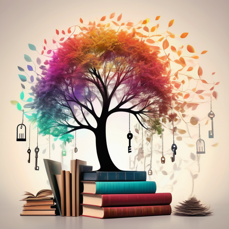 A tree with colorful leaves representing growth, books, and keys, all set against a background of rising graphs.