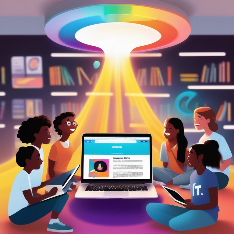 Students on a digital book with a laptop showing "Eduson TV," signifying online education.