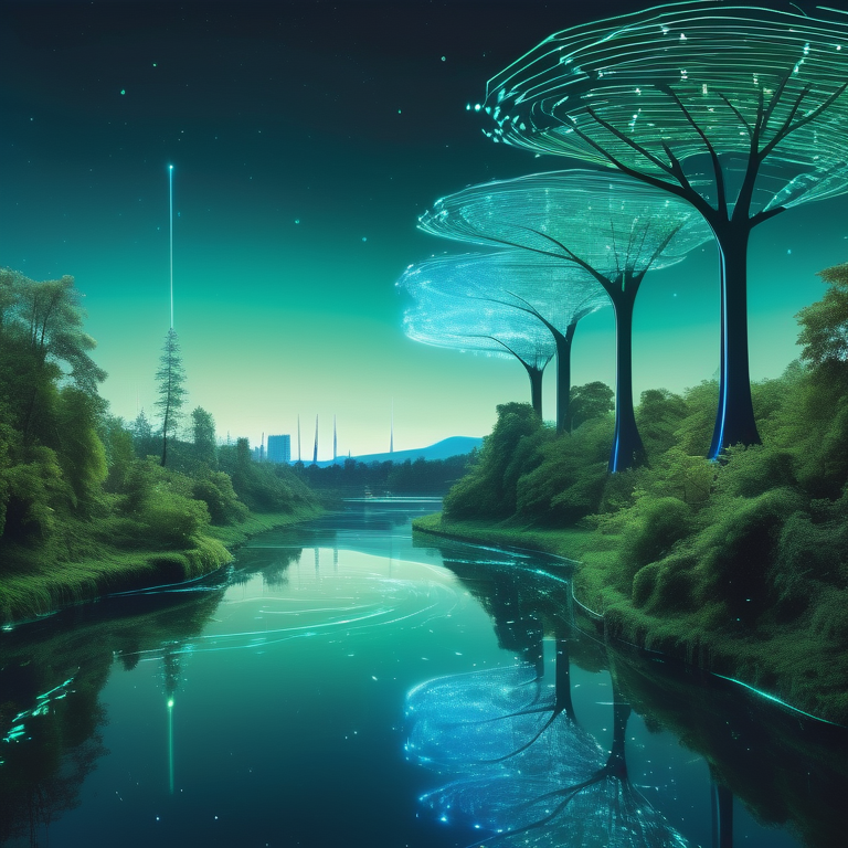 AI robot contemplating a river of flowing code against a backdrop of fiber optic trees and a data-infused sky.