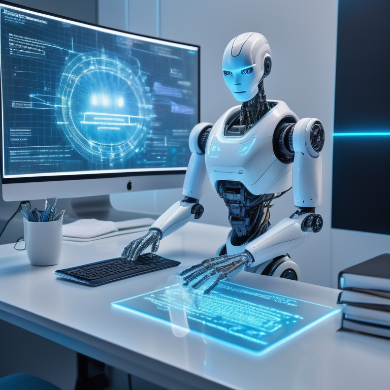 AI robot analyzing a holographic keyword network for SEO in a futuristic workspace.