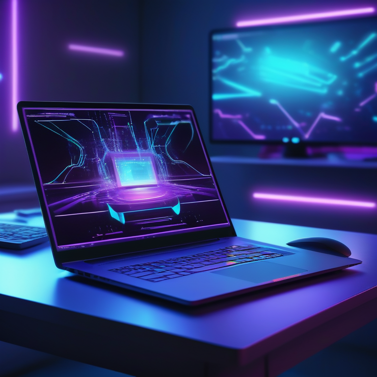 Open laptop with Invideo AI editing software on screen surrounded by abstract digital elements.