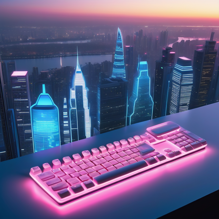 Floating keyboard with neon code above a digitalized city represents modern website development.
