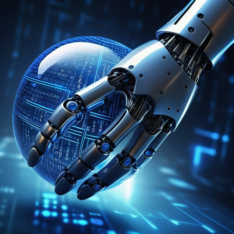 Robot hand above a luminous orb showcasing floating AI keywords with a matrix grid backdrop.