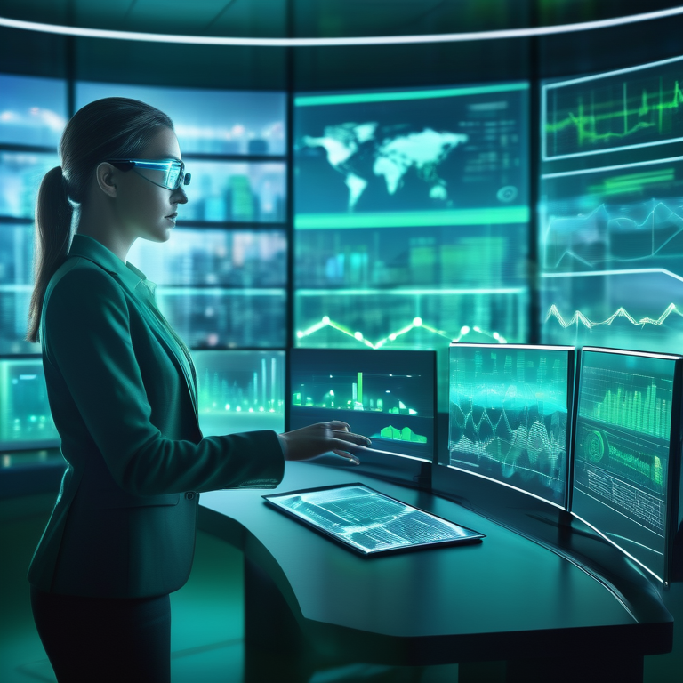A business analyst interacts with futuristic data analytics displays in a high-tech control room.