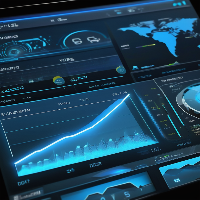 Futuristic software dashboard interface displaying interactive analytics and data visualizations.