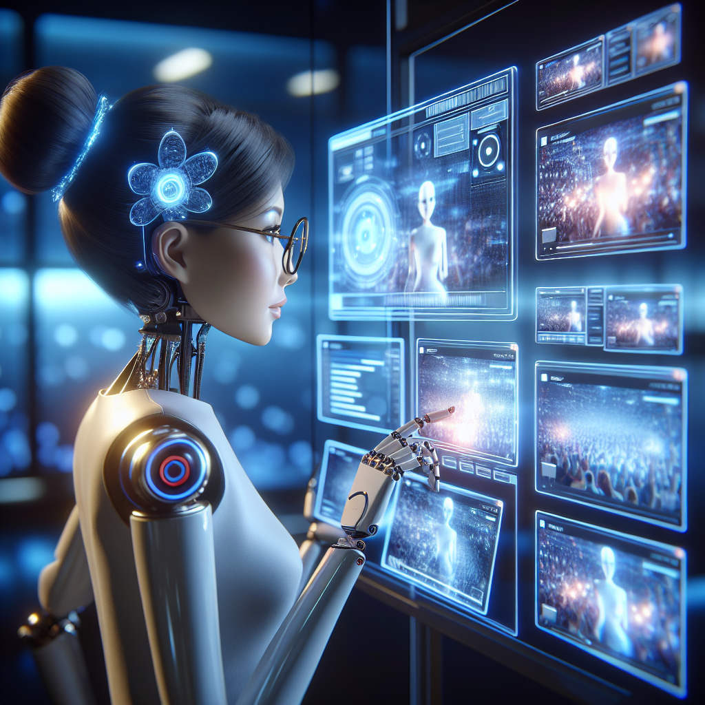 A robot wearing glasses analyzes data on floating screens in a futuristic blue-lit room.