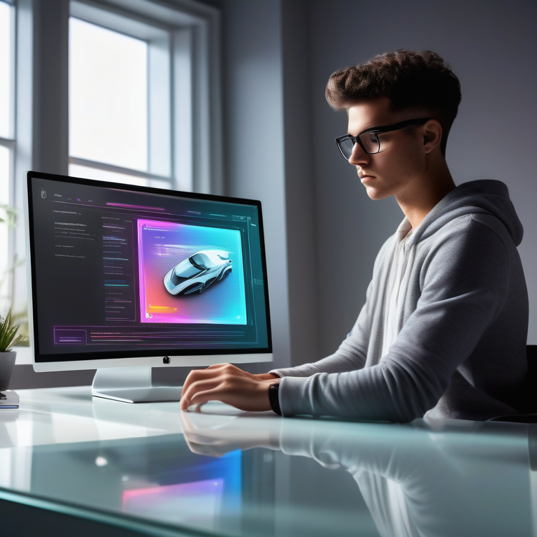 Person at a desk interactively engaging with the Flazio Website Builder on a transparent computer.