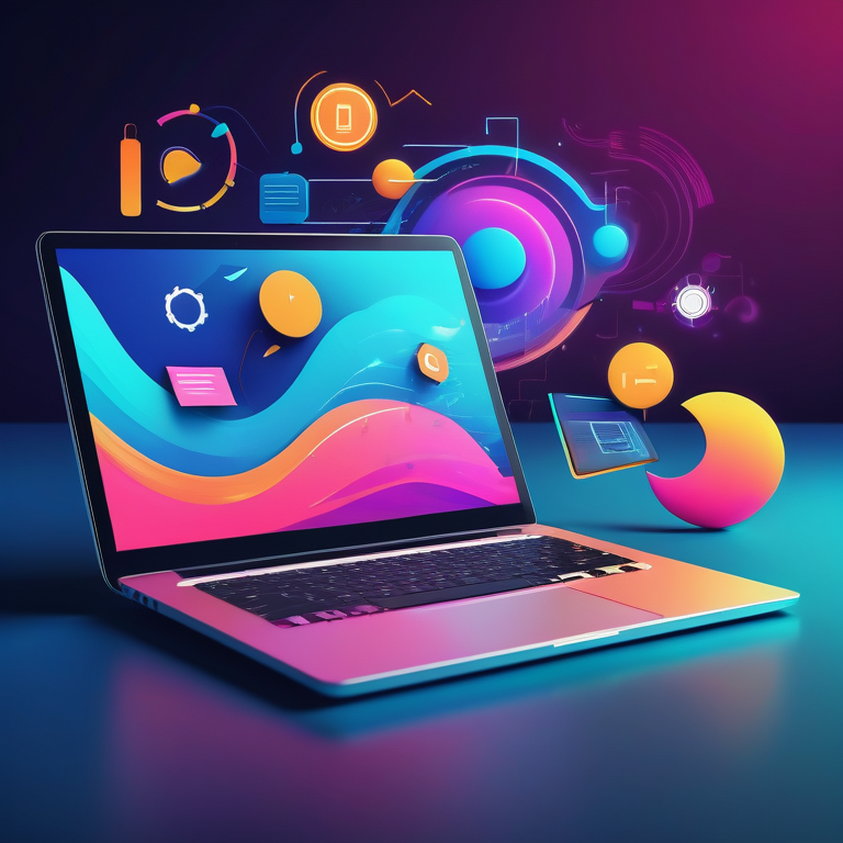 An open laptop on an abstract background representing online education and digital products.
