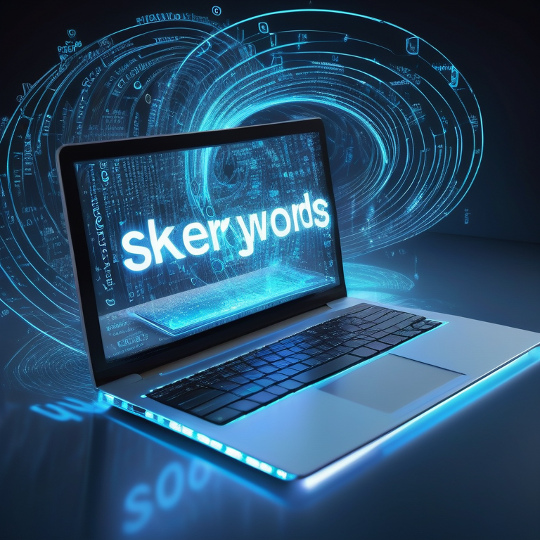 Futuristic laptop with 3D hologram of keywords symbolizing SEO optimization.