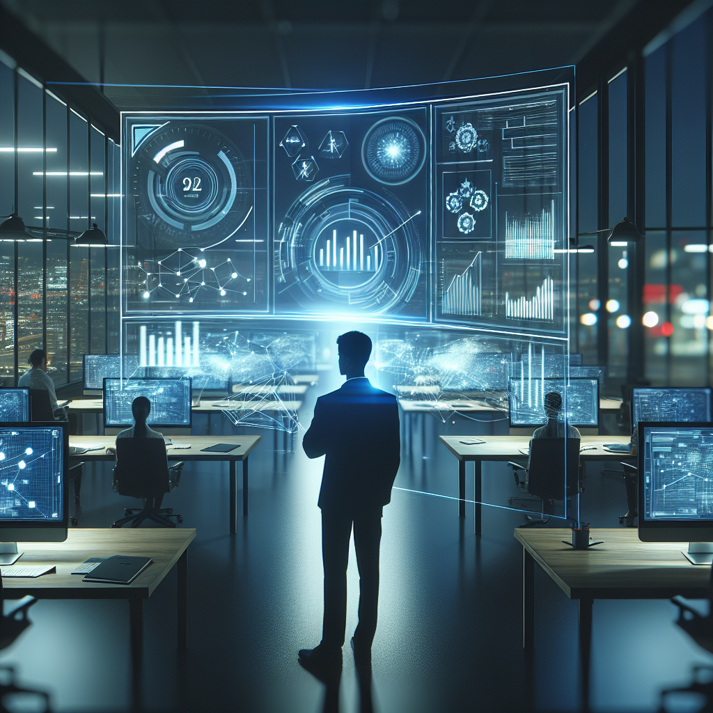 Marketer analyzing Google Ads data on futuristic holographic displays in a well-lit office.