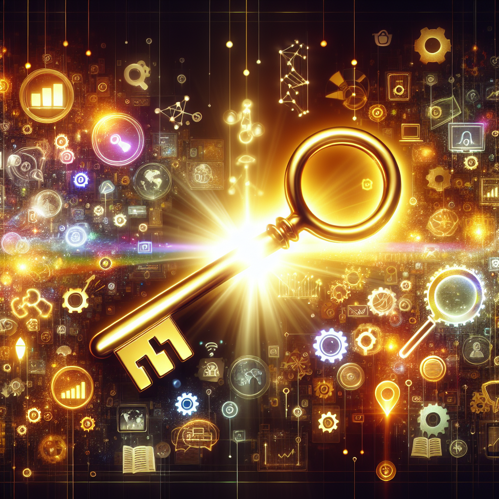 A golden key with Semrush logo illuminates SEO icons against a dark background, symbolizing keyword optimization strategy.