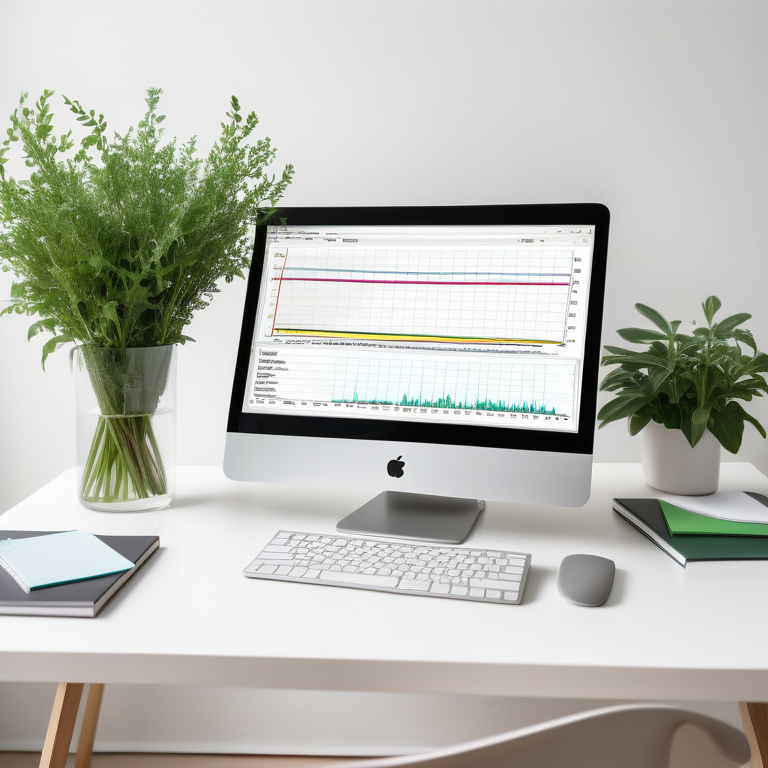 Computer screen showing keyword trends with a notebook and glasses in a well-lit, minimalist office.