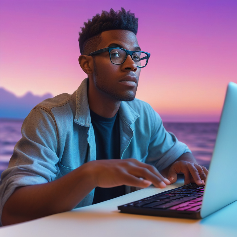 A content creator with hands on a keyboard surrounded by illuminated AdSense elements, symbolizing online earning potential.