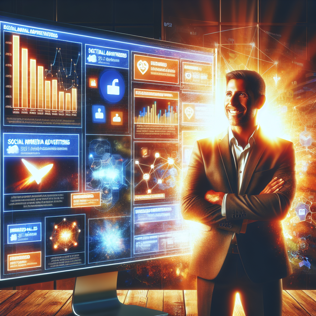Small business owner smiling before a computer screen showing successful Google Ads charts.