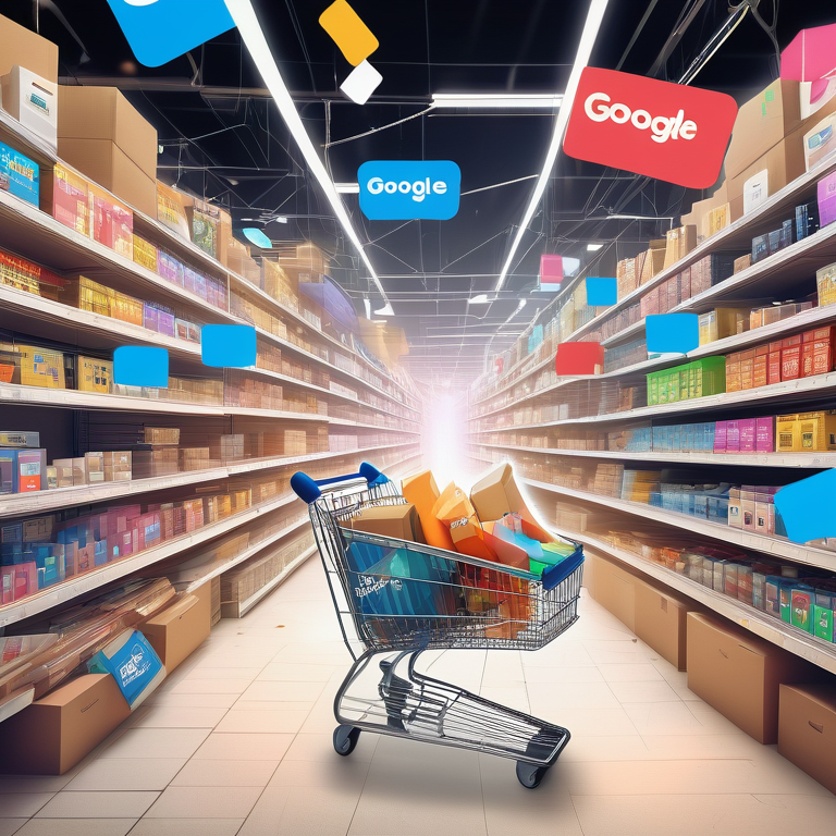 A vibrant e-commerce marketplace with prominent Google Ads imagery and a full shopping cart in the foreground.