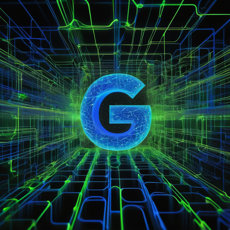 A radiant 3D Google logo amidst flowing data lines and electric pulses in a neural network-inspired setting.