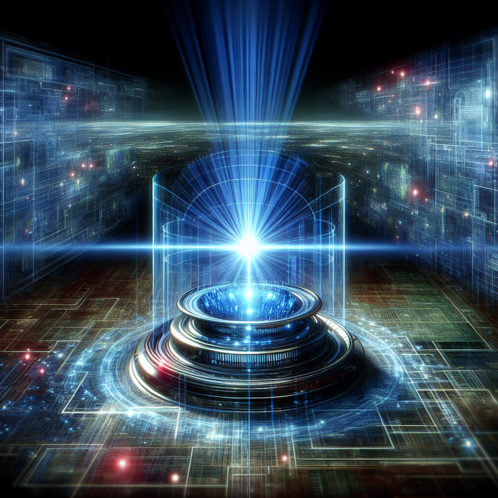 Futuristic holographic Google AI Search interface surrounded by glowing data streams in a digital environment.