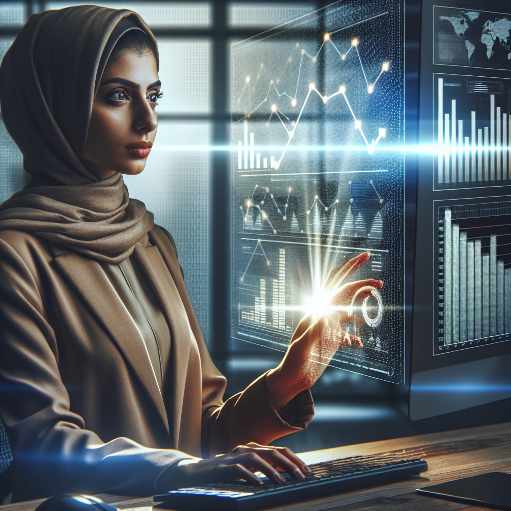 An individual analyzing data on a computer with analytical graphs, conveying a sense of advertising expertise.