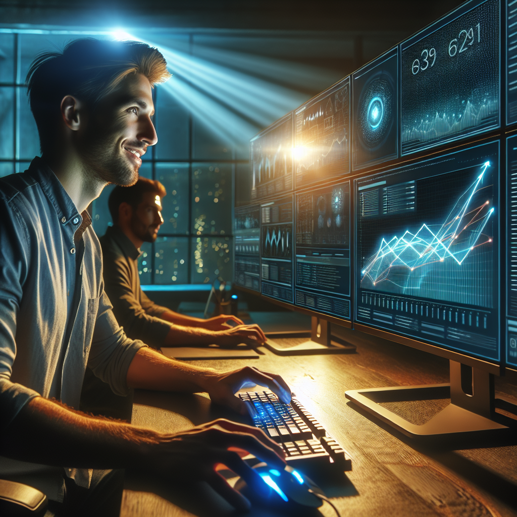A digital artist in a dark office gazes at a computer screen displaying colorful Grafana analytics dashboards.
