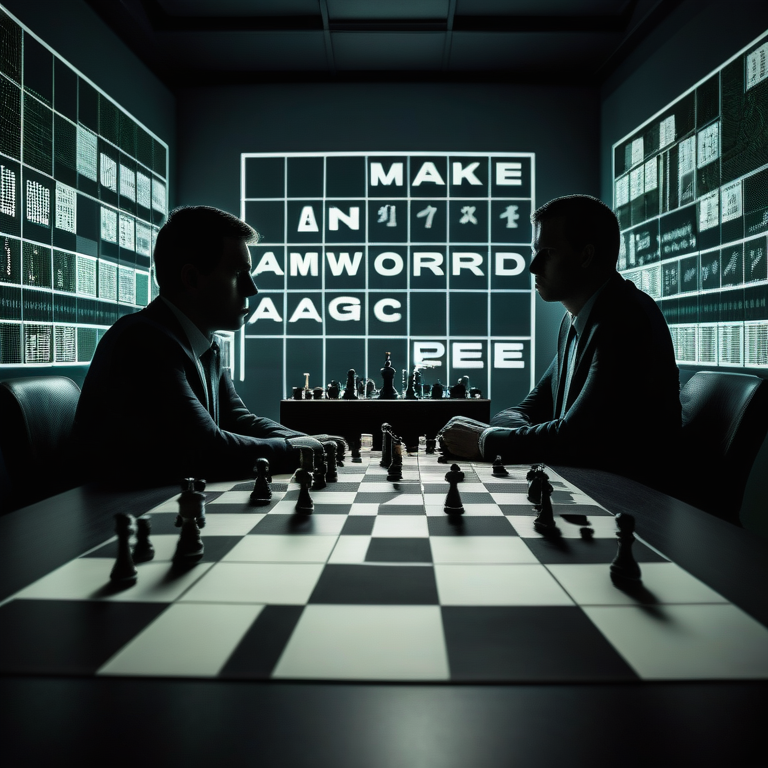 Silhouetted figures playing chess on a board with digital marketing keywords, surrounded by data visualization graphs.
