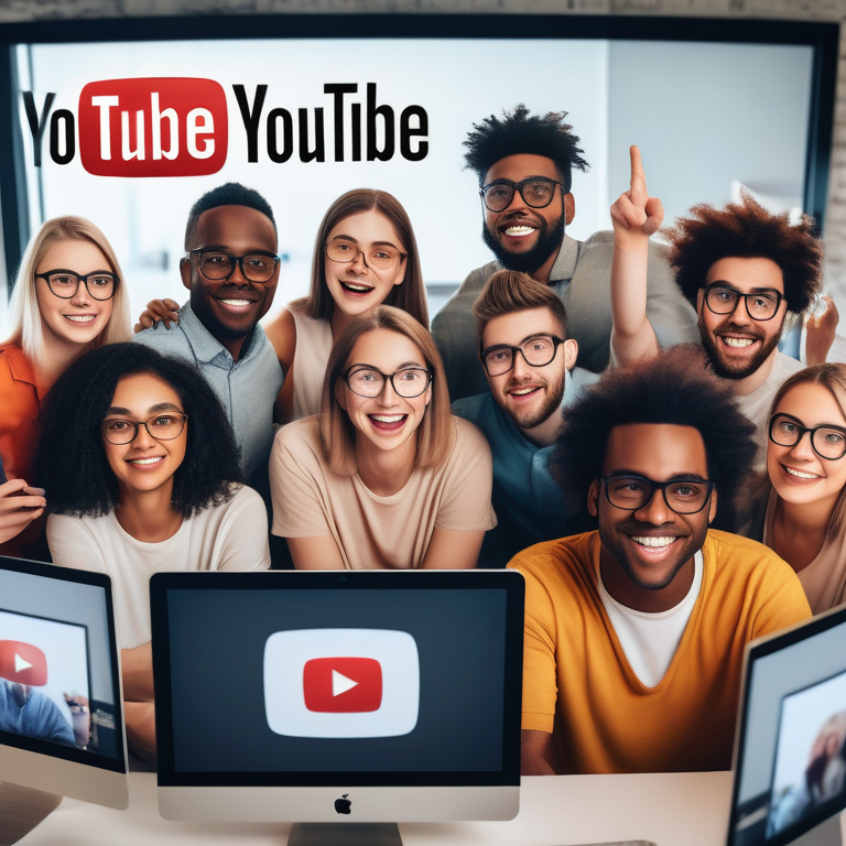 A group of people discussing strategies around a computer with the YouTube logo onscreen.