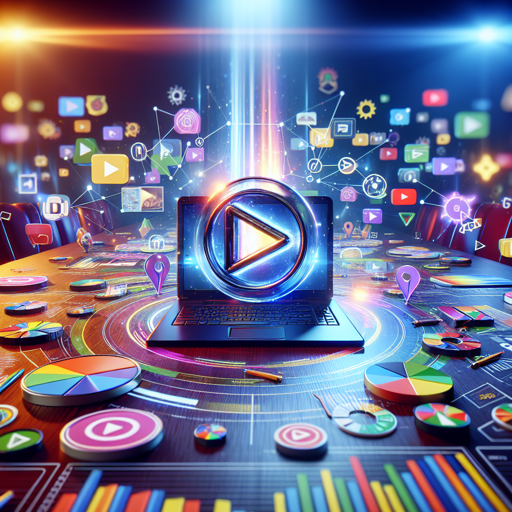 Brightly lit image showcasing the synergy between YouTube marketing and Google analytics, with prominent play button and laptop foreground.
