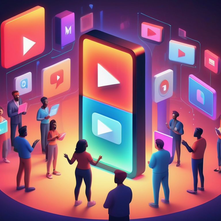 Animated characters focused on a luminous YouTube play button with digital advertising analytics in the backdrop.