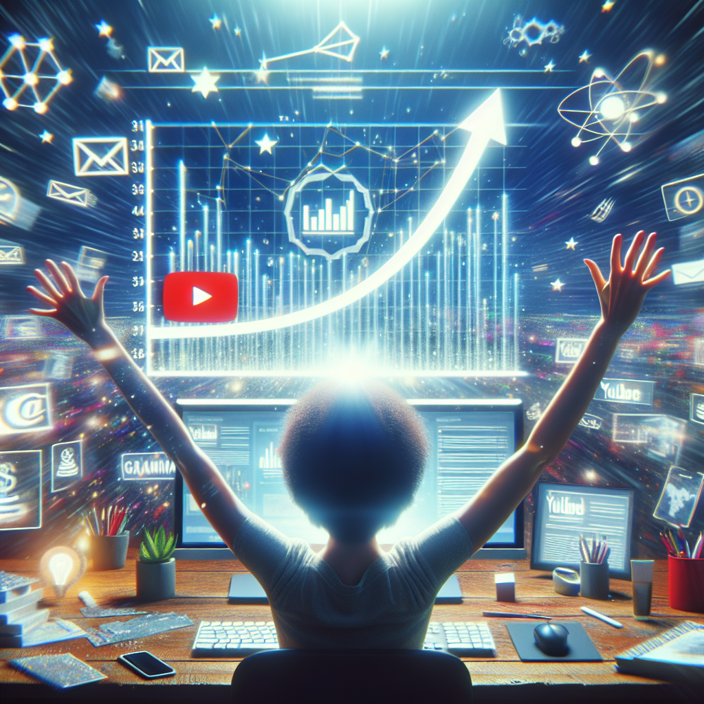 Euphoric content creator celebrating an increase in YouTube views amidst floating ad icons and graphs.