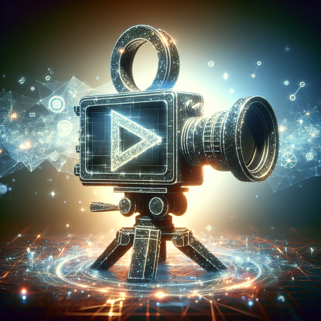 Silhouette of a camera with play symbol set against a digital gradient backdrop, symbolizing video marketing innovation.