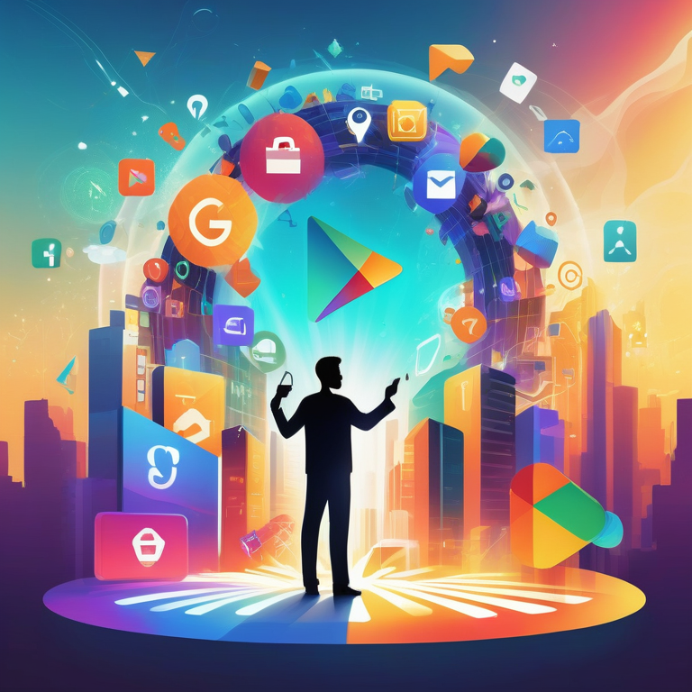 Marketer silhouette with key in front of an illuminated Google Play Store portal and floating app icons.