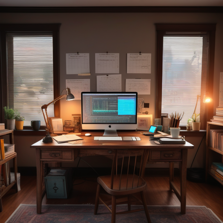 A well-organized desk with a computer showing SEO graphs, research books, a notepad, and coffee.