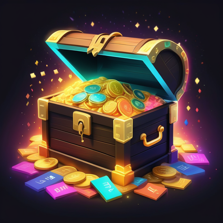 Illustration of an open treasure chest with gold coins and keyword icons, symbolizing the success of SEO.