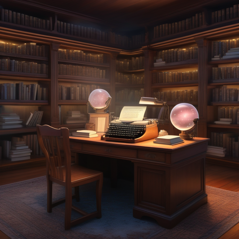 Antique desk with SEO books and a typewriter, keywords emanating from a crystal ball in a serene library.