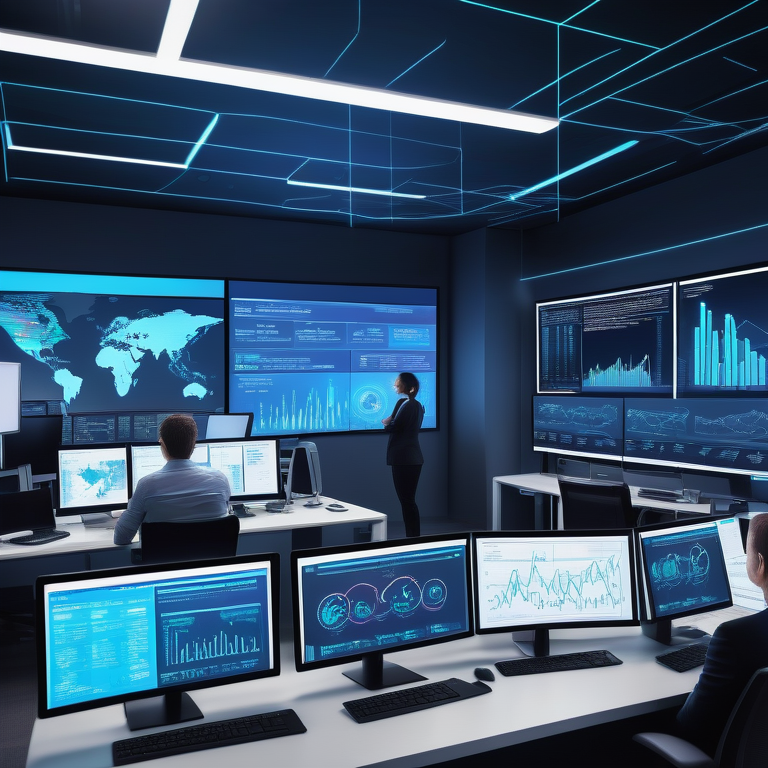 Marketing team collaborates around a glowing keyword list amidst screens showing data analytics in a high-tech office.