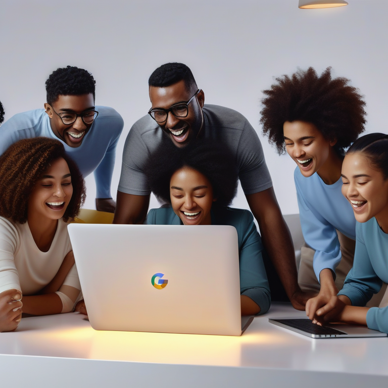A team gathered around a laptop displaying a rising success graph on Google Ads interface.