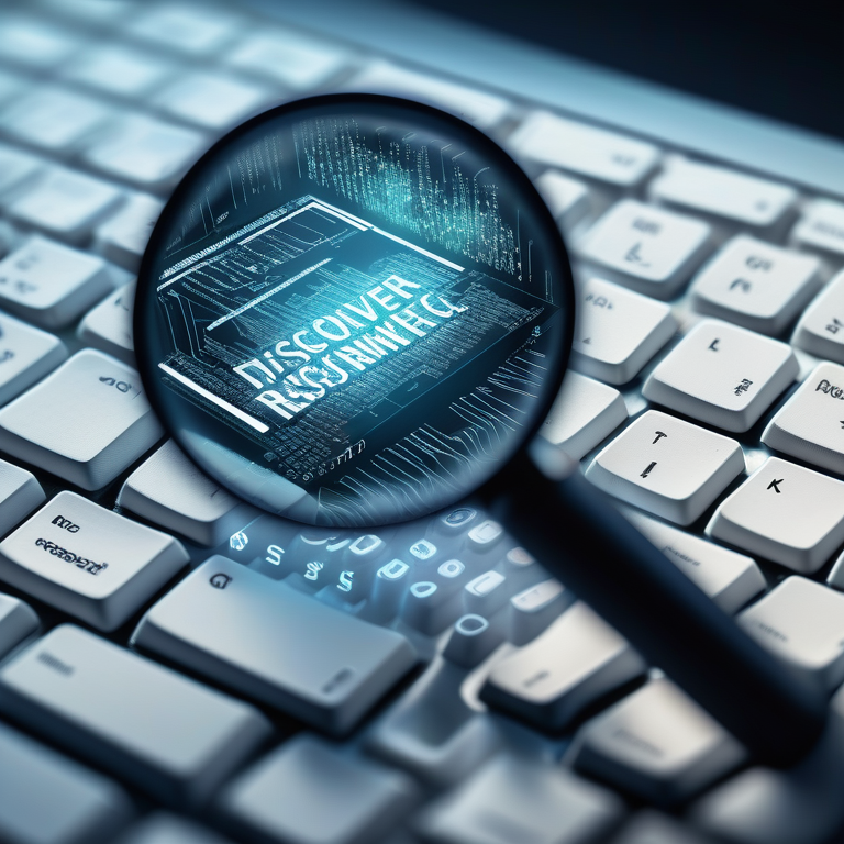 A magnifying glass reveals hidden keywords within a digital code landscape over a keyboard, symbolizing keyword research.
