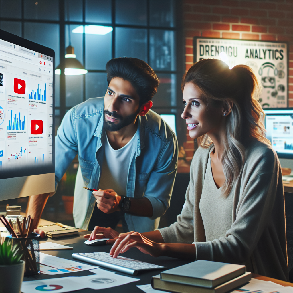 Team of professionals planning a YouTube ad campaign in a high-tech digital marketing office.