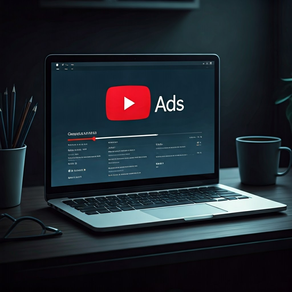 Digital art of a person using Google Ads on a laptop, YouTube interface on the screen.