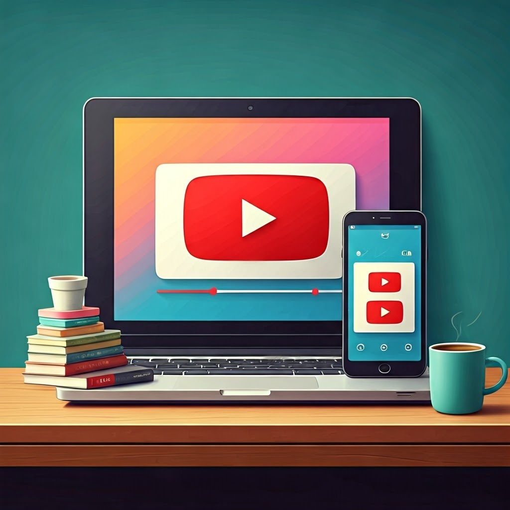 Digital painting of a workspace with a laptop and smartphone displaying YouTube, surrounded by marketing books and a coffee cup.