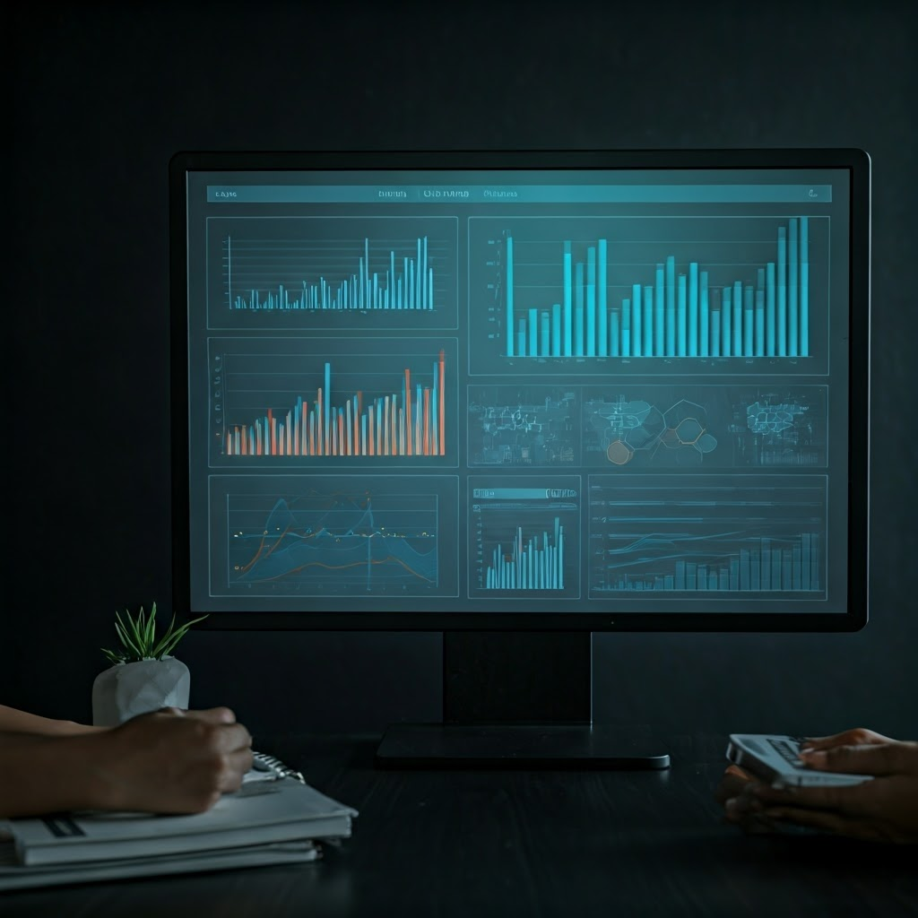 Digital art of a business meeting in a modern office discussing sales strategies with charts and graphs on a large screen.