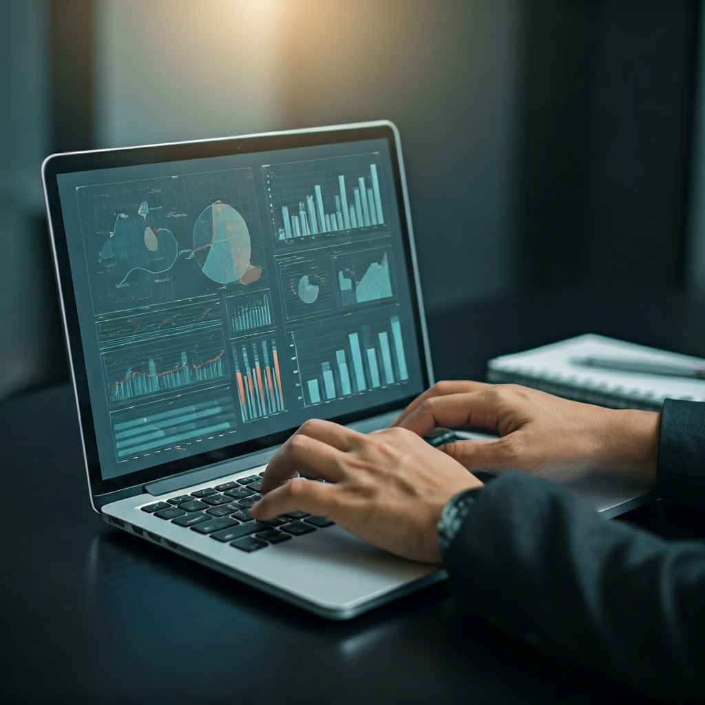 Digital illustration of a person using a laptop in an office with charts and graphs on the screen.