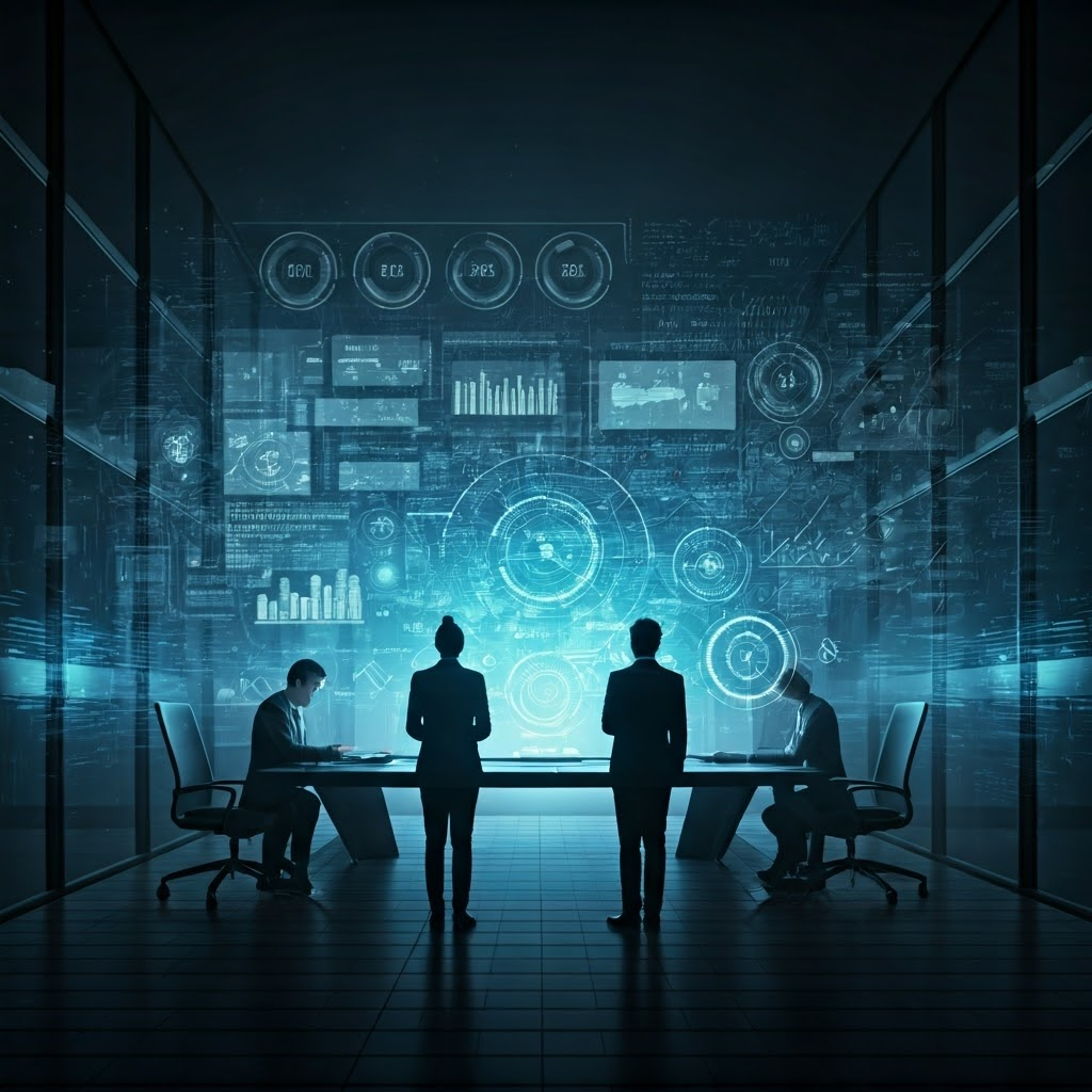 Digital art of a business team collaborating around a conference table with high-tech gadgets in a modern office environment.