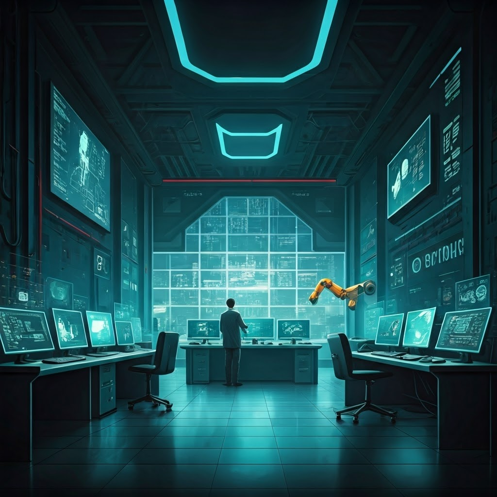 Digital art illustration of Google's AI lab with researchers, robots, and advanced technology.