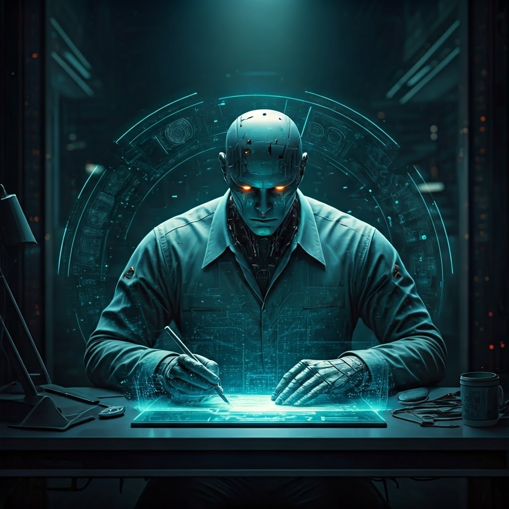 A digital art illustration of a futuristic AI writer in a high-tech office with a glowing holographic display.