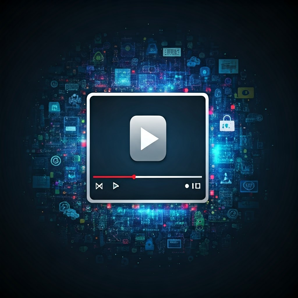 Digital art of a YouTube video player surrounded by SEO and digital marketing icons.