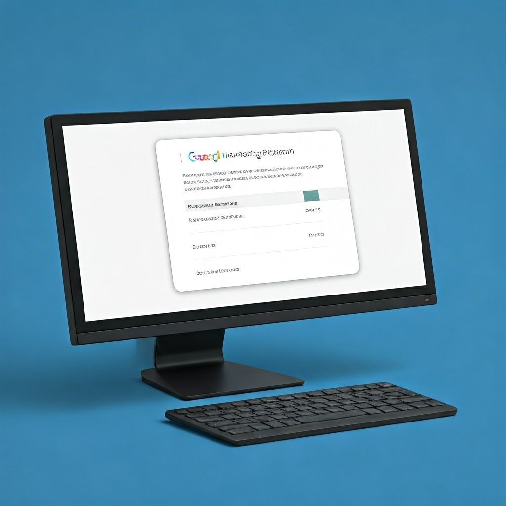 Digital art of a marketing manager using Google Marketing Platform on a computer in an office setting.
