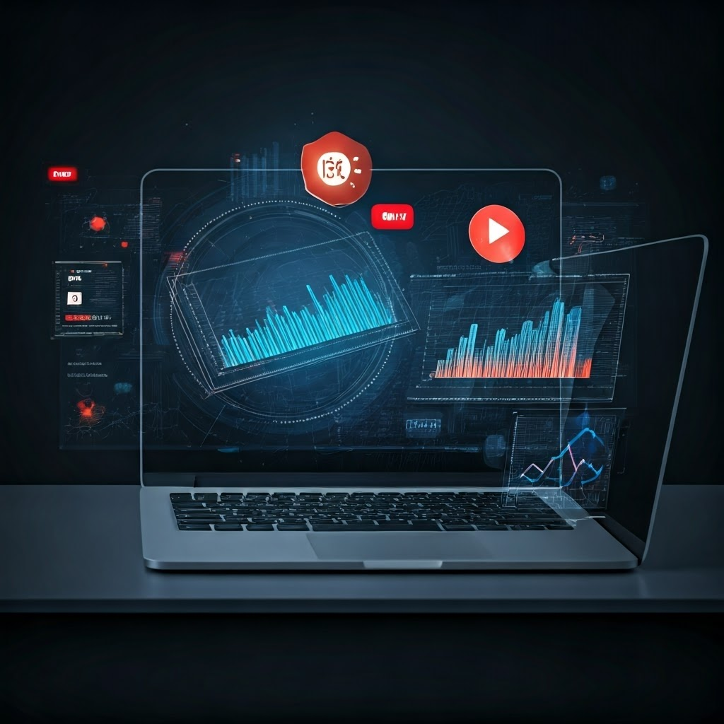 A detailed digital art depicting a person analyzing YouTube analytics on a laptop with charts on a desk.
