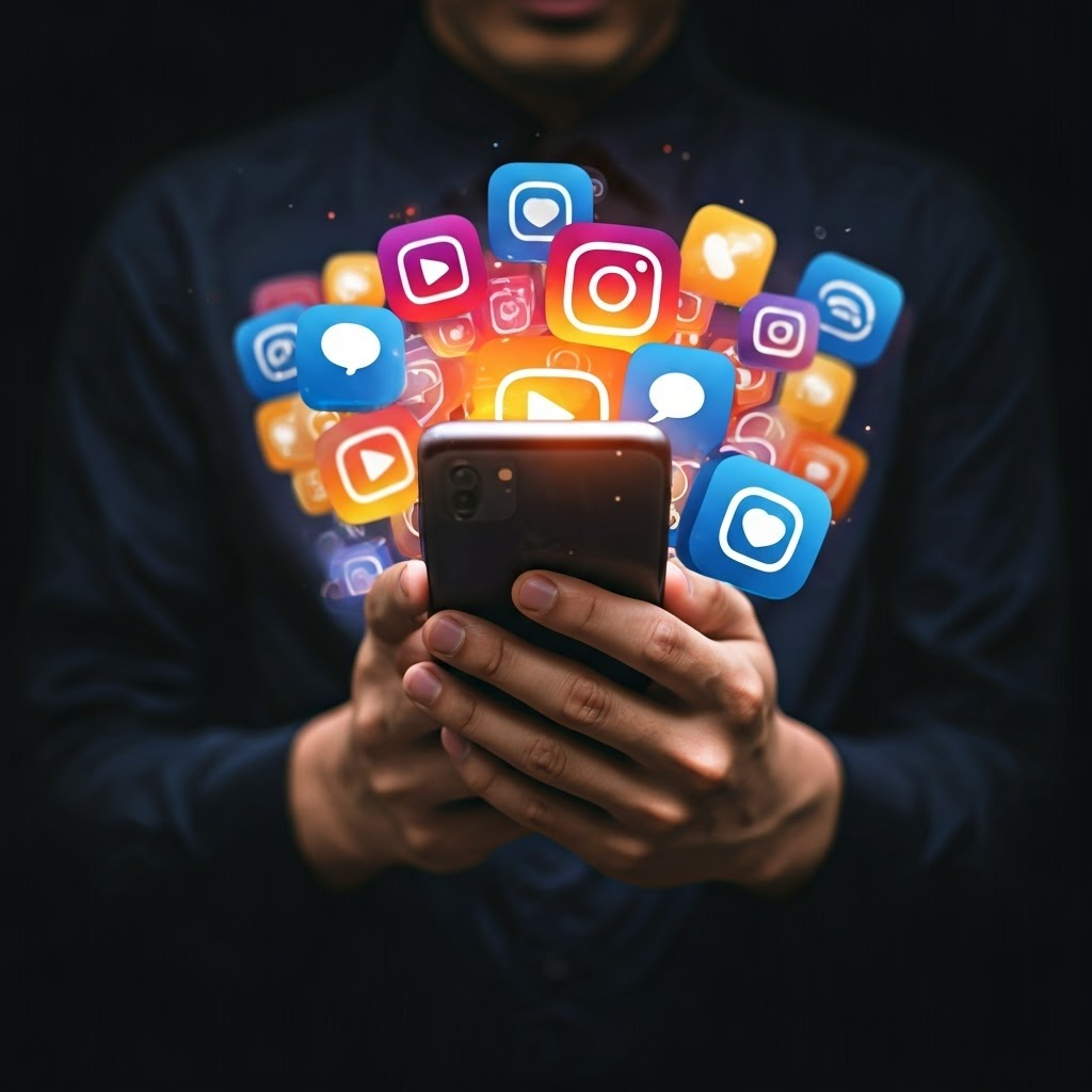 Digital art of a person holding a smartphone with social media icons in the background.